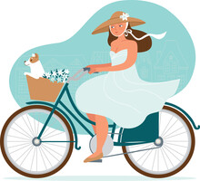 Romantic Lady Riding On A Vintage Bicycle With Her Dog In A Basket.