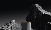 3D Background, Stone Podium Display. Beauty Cosmetic Product Promotion Black Pedestal With Gold. Natural Rough Rock And Sun Shadow.  Concrete Gray Abstract Showcase. Minimal Studio 3D Render.  
