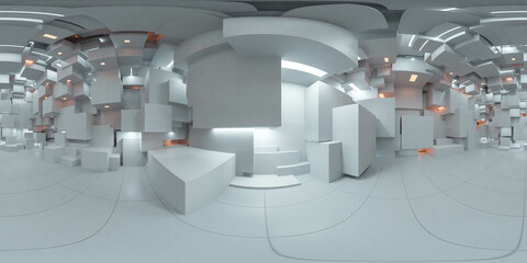 Wall Mural - 360 degree full panorama environment map of bright white abstract cube geometric shape cube elements with white lights. 3d render illustration hdri hdr vr virtual reality content