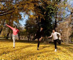 Wall Mural - Stretching all together in the park while warming up  for their training