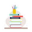 Back to school square banner. A pencil pot on top of a stack of books on desk. Concept of education, reading, homework. Vector illustration, flat design