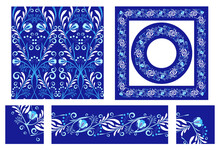Elements In Style Classic Dark Blue Cobalt Porcelain Painting Seamless Pattern Border Brush With Corner Items Round Square Frame Floral Ornament Oriental Motif Rustic Ceramic