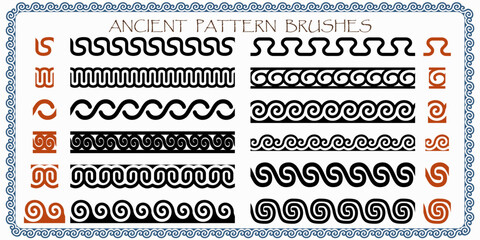 Ancient antique Greece brushes Isolated set Decoration patterns in black and white colors. Geometrical ethnic borders and frame Elements for tattoos, dividers, background