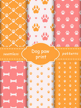 Dog Paw Print Set Of Seamless Patterns. Collection Of Zoo Prints.
