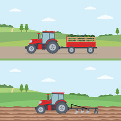 Wall Mural - Tractor plowing the field. Tractor carrying the harvest. Agriculture concept. Vector illustration.