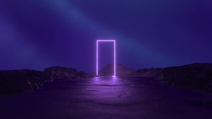 Wall Mural - 4K Mysterious cosmic landscape with neon purple square frame. Space distortion. Abstract sci fi geometric background. Futuristic concept. Moving forward. Seamless loop 3d animation render