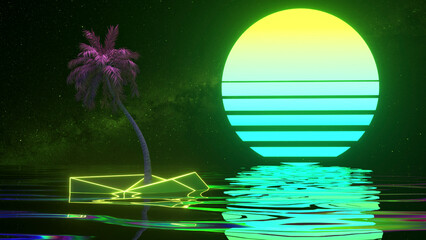 Wall Mural - retro futuristic style. album's cover 80's. digital palm tree. water. neon sunset. green blue color.