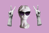 Fototapeta  - Antique female statue's head in black sunglasses showing a peace gesture with hands isolated on a purple color background. Trendy collage in magazine surreal style. 3d contemporary art. Modern design