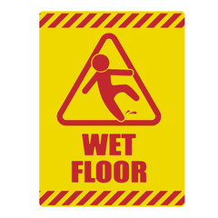 Printable label sticker design wet Floor sign, red safety triangle with falling man in modern rounded style. caution slippery surface Isolated vector illustration.