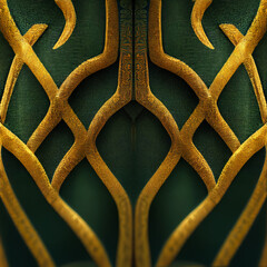 Abstract 3D render style illustration of dark green fabric detail background with large golden embroidered Celtic style pattern. A.I. generated art.