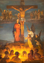 BIELLA, ITALY - JULY 15, 2022: The Painting Of Crucifixion And Soul In The Purgatory In The Church Chiesa Di San Casiano (1954).