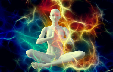 Wall Mural - Silhouette of a girl in Lotus position on the background of the mandala. A state of trance and deep meditation. A spiritual journey in the universe. 3d illustration.