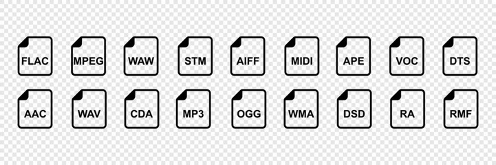 Fototapete - File type icon. Set of linear icons of different audio formats. Audio file icons