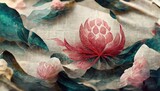 On the rough texture of the canvas, a blooming lotus is painted