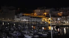 Marina And Historic Old Town At Night From Elevated Position, Ciutadella, Menorca, Balearic Islands