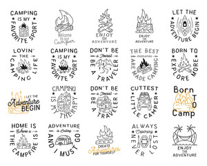 Wall Mural - Camping T Shirt Designs Collection in minimalist Line Art Style with Different Quotes. Travel linear Emblems. Hiking Silhouette Labels. Stock vector Badges