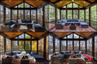 Cozy screened porch enclosure during spring, summer, autumn, winter with border. Four seasons sun-room collage.