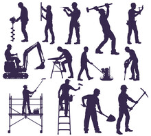 Set Of Silhouettes Of Working Builders