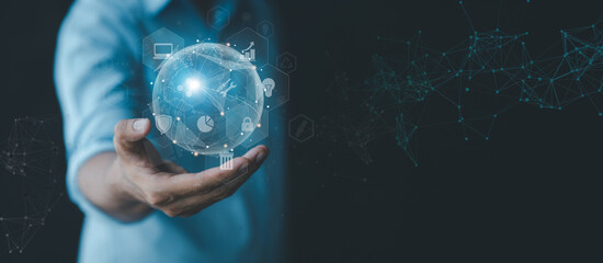 Businessmen with the hologram icon online data network connection, upload data to the cloud so that the data can be transferred to other devices and can be viewed online at any time.