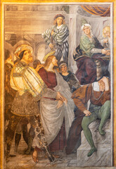 Fototapete - VARALLO, ITALY - JULY 17, 2022: The renaissance fresco of Jesus before Pilate in Jerusalem - Palm Sunday in the church Chiesa Santa Maria delle Grazie  by Gaudenzio Ferrari (1513).