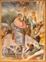  VARALLO, ITALY - JULY 17, 2022: The renaissance fresco of Entry of Jesus in Jerusalem - Palm Sunday in the church Chiesa Santa Maria delle Grazie  by Gaudenzio Ferrari (1513).
