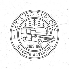 Wall Mural - Let s Go Exploring. Vector illustration Concept for shirt or logo, print, stamp or tee. Vintage line art typography design with camper rv and forest silhouette. Camping quote. Outdoor Adventure.