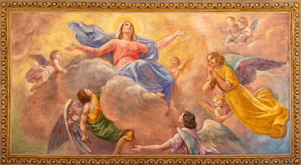 Wall Mural - VARALLO, ITALY - JULY 17, 2022: The fresco Assumption of Virgin Mary in the church  Chiesa di sant Antonio by C. Secchi from 20. cent.