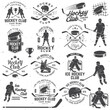 Ice Hockey club logo, badge design. Concept for shirt or logo, print, stamp or tee. Winter sport. Vintage typography design with player, sticker, puck helmet and skates silhouette. Vector.
