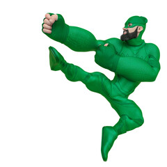 super hero cartoon with beard on suit doing a kung fu jump