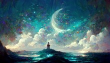 輝く　美しい　海　灯台 　月　イラスト