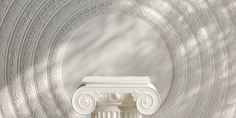 classic luxury podium product background. 3d podium roman style and nature light shadow white backgr