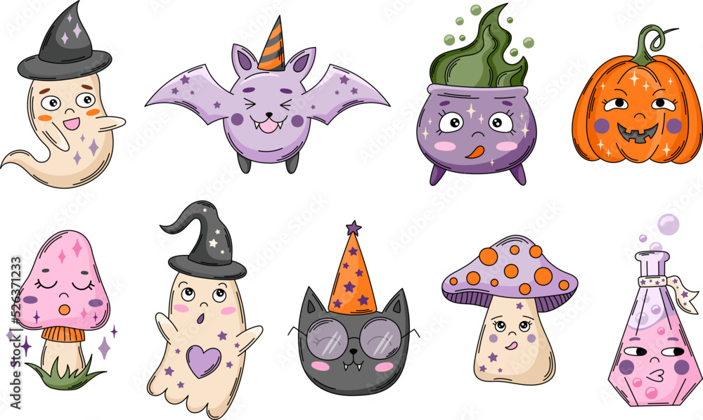 Cute halloween cartoon characters vector clipart. Kawaii halloween ...