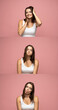 © Volodymyr - Collage of happy emotions. Set of three portraits of young brunette girl with positive emotions. Female feelings. Young woman in white t-shirt grimacing on camera on pink background.