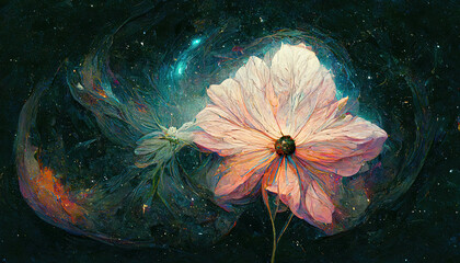 Wall Mural - Abstract, beautiful galaxy illustration flower in cosmos, the universe in the background, artistic visualization fantasy fairy tail wallpaper with glowing stars and planets colorful futuristic concept