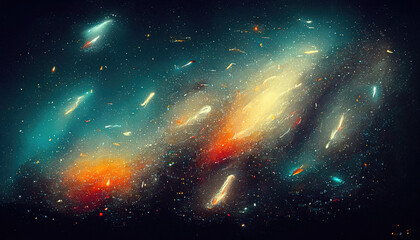 Wall Mural - Abstract cosmos background art with galaxies, universe, stars, planets and dark clouds in the night, fantasy fairy tail wallpaper drawing painted illustration with cosmic swirls