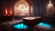 Ancient Interior Turkish Bath, Frescoes On The Walls, Baths, Oriental Lanterns. Fantasy Turkish Palace Interior. 3D Illustration.