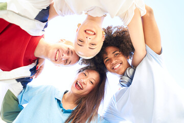 Wall Mural - Happy multiracial friends having fun together. Group of smiling people looking at camera. Teenagers young students community and friendship lifestyle concept 