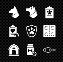 Sticker - Set Cat, Dog, Clipboard with medical clinical record pet, house, Bag of food for, muzzle, and Animal health insurance icon. Vector