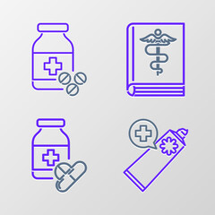 Wall Mural - Set line Ointment cream tube medicine, Medicine bottle and pills, Medical book and icon. Vector