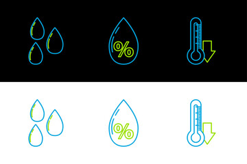 Poster - Set line Thermometer, Water drop and percentage icon. Vector