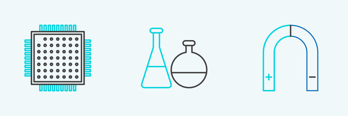 Poster - Set line Magnet, Processor and Test tube and flask chemical laboratory icon. Vector