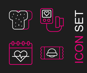 Sticker - Set line Sports nutrition, Heart rate, Blood pressure and Bread toast icon. Vector