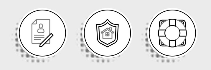 Set line Lifebuoy, Document with shield and House icon. Vector