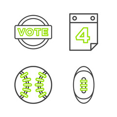 Sticker - Set line American Football ball, Baseball, Calendar with date July 4 and Vote icon. Vector