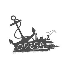 Canvas Print - Anchor, lighthouse, ship and crane icons on brush stroke. Calligraphy inscription. Odesa city name text.