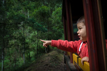 Excited 2 Year Old Mixed Race Boy Cheerfully Rides The Walhalla Historic Train