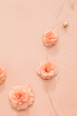 Wall Mural - Water beauty background. Natural pattern with pink roses on the surface of transparent water close-up. Spa, skin care and relaxation concept