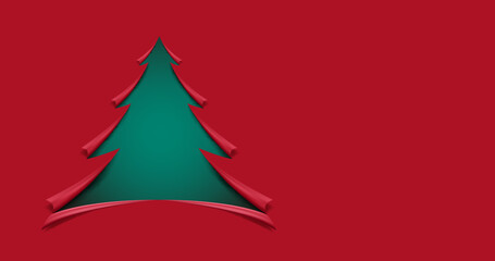 christmas tree paper cutting design card. merry christmas. red background with green christmas tree.