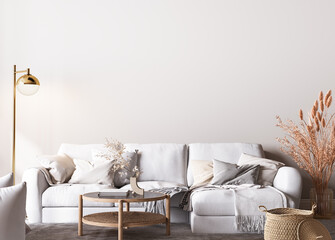 Wall Mural - Mockup frame in Scandinavian interior background, bright room in white neutral colors, Boho style, 3d render