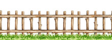 Wooden Fence Panel On The Grass Seamless Border. Watercolor Illustration. Wood Trunk Fence With Grass Element. Hand Drawn Vintage Style Rustic Park, Farm, Garden Secure Border. White Background
